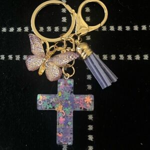 Purple Butterfly and Cross Keychain